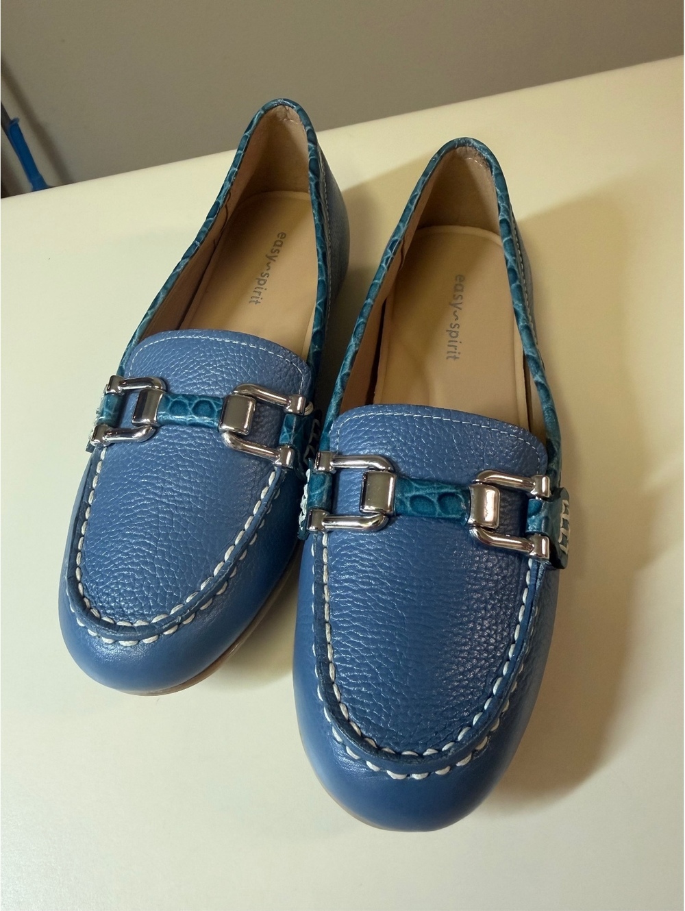 Easy Spirit Blue Leather Loafers with Silver Buckle Detail